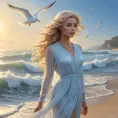 A ethereal female ghost, with an aura of gentle blue light, her hair cascading like a river of gold, hovering above a serene, sunlit beach where waves gently lap at the shore, seagulls soaring in the distance.