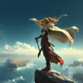 A magnificent female ranger standing at the edge of a cliff, the wind whipping her cloak around her, her gaze fixed on a distant horizon where the land meets the sea, her hand resting on the pommel of a dagger, the ocean waves crashing below, a sense of adventure and freedom in the air.