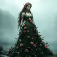 A majestic elf queen, adorned in a gown of woven ivy and blooming roses, standing at the edge of a misty lake, her presence commanding yet serene.