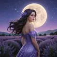 Selene, in all her celestial glory, stands amidst a field of lavender under a twilight sky. Her form is silhouetted by the rising moon, and the air is filled with the sweet scent of flowers, creating a scene of otherworldly tranquility and beauty.