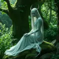 Imagine a serene yet eerie scene of a female wraith from Elden Ring, seated gracefully on a moss-covered stone, her pale hands resting gently on her knees, her serene expression contrasting with her spectral nature, the background a lush, overgrown garden bathed in soft, greenish light.