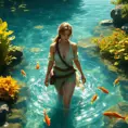 A breathtaking female ranger wading through a crystal-clear river, her clothes slightly damp, her hair tied back, a gentle smile on her face, surrounded by vibrant aquatic plants and curious fish, the water droplets glistening like jewels in the sunlight.