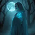 A hauntingly beautiful female wraith from Elden Ring, depicted in a misty, moonlit forest, her translucent form cloaked in ethereal robes that glow with an otherworldly light, her eyes a piercing blue as she gazes into the distance, surrounded by ancient, gnarled trees and a soft, eerie fog.