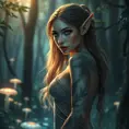 A stunning elf woman with intricate, leaf-patterned tattoos, standing amidst a luminous forest glade, her eyes reflecting the soft glow of bioluminescent fungi.