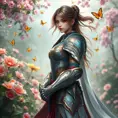 A graceful female paladin, her armor painted with vibrant colors and patterns, standing in a serene garden filled with blooming flowers and fluttering butterflies, a gentle breeze stirring her hair