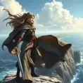 A magnificent female ranger standing at the edge of a cliff, the wind whipping her cloak around her, her gaze fixed on a distant horizon where the land meets the sea, her hand resting on the pommel of a dagger, the ocean waves crashing below, a sense of adventure and freedom in the air.