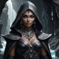 A mysterious dark elf lady, cloaked in shadows and adorned with obsidian jewelry, her eyes piercing and enigmatic, standing in a cavern bathed in the light of a thousand crystals.