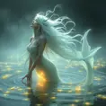 An ethereal female siren with long flowing hair, singing softly as she emerges from a misty lake, surrounded by bioluminescent algae that light up her translucent tail