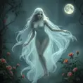 A translucent female ghost, ethereally beautiful, with long flowing silver hair and eyes that glow like moonlight, floating above a misty, overgrown Victorian garden at twilight, with roses and ivy intertwining in the background.