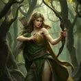 Artemis, the goddess of the wilderness, portrayed in a dense, ancient forest, her presence commanding yet gentle, her attire blending seamlessly with the natural surroundings, her bow and arrows crafted from the wood of the trees, the air around her alive with the sounds of nature.