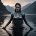 A dramatic portrayal of a female wraith from Elden Ring, emerging from a dark, foreboding lake at twilight, her form shimmering with an icy glow, her eyes reflecting the cold waters, her arms outstretched as if to embrace the encroaching darkness, the scene filled with an ominous silence.