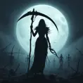 A haunting portrayal of Ker, standing at the threshold between life and death, her silhouette stark against a backdrop of a desolate, moonlit battlefield, her hands adorned with rings of bone, holding a scythe with a blade as dark as the night, her presence both terrifying and awe-inspiring.