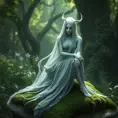 Imagine a serene yet eerie scene of a female wraith from Elden Ring, seated gracefully on a moss-covered stone, her pale hands resting gently on her knees, her serene expression contrasting with her spectral nature, the background a lush, overgrown garden bathed in soft, greenish light.