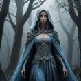 A hauntingly beautiful female wraith from Elden Ring, depicted in a misty, moonlit forest, her translucent form cloaked in ethereal robes that glow with an otherworldly light, her eyes a piercing blue as she gazes into the distance, surrounded by ancient, gnarled trees and a soft, eerie fog.