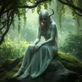 Imagine a serene yet eerie scene of a female wraith from Elden Ring, seated gracefully on a moss-covered stone, her pale hands resting gently on her knees, her serene expression contrasting with her spectral nature, the background a lush, overgrown garden bathed in soft, greenish light.