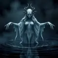 A dramatic portrayal of a female wraith from Elden Ring, emerging from a dark, foreboding lake at twilight, her form shimmering with an icy glow, her eyes reflecting the cold waters, her arms outstretched as if to embrace the encroaching darkness, the scene filled with an ominous silence.