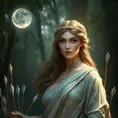 Artemis, the Greek goddess of the hunt, depicted in a serene forest setting, surrounded by silver-tipped arrows and a crescent moon glowing above her, her features sharp and focused, dressed in a chiton adorned with intricate hunting scenes, the air around her filled with a soft, ethereal light.