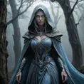 A hauntingly beautiful female wraith from Elden Ring, depicted in a misty, moonlit forest, her translucent form cloaked in ethereal robes that glow with an otherworldly light, her eyes a piercing blue as she gazes into the distance, surrounded by ancient, gnarled trees and a soft, eerie fog.