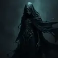 Ker, the enigmatic goddess of death, depicted in a shadowy realm, her form cloaked in a billowing black gown adorned with skeletal motifs, her face hidden beneath a hood, only her piercing eyes visible, glowing with an otherworldly light, the air around her heavy with the scent of decay.