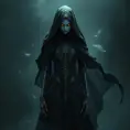 Ker, the enigmatic goddess of death, depicted in a shadowy realm, her form cloaked in a billowing black gown adorned with skeletal motifs, her face hidden beneath a hood, only her piercing eyes visible, glowing with an otherworldly light, the air around her heavy with the scent of decay.