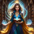 A beautiful female mage standing amidst a swirling vortex of colorful magical energies, her eyes glowing with an inner light, her robes flowing with the motion of the spell she's casting, set in a grand library filled with ancient tomes