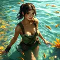 A breathtaking female ranger wading through a crystal-clear river, her clothes slightly damp, her hair tied back, a gentle smile on her face, surrounded by vibrant aquatic plants and curious fish, the water droplets glistening like jewels in the sunlight.