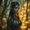 A stunning elf woman with intricate, leaf-patterned tattoos, standing amidst a luminous forest glade, her eyes reflecting the soft glow of bioluminescent fungi.