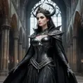 Ker, the goddess of mortality, portrayed in a grand, gothic cathedral, her presence both solemn and majestic, her attire a masterpiece of dark elegance, her scythe resting against her shoulder, her eyes gazing into the infinite abyss of death, the space around her filled with the echoes of countless lives.