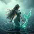 An ethereal female siren with long flowing hair, singing softly as she emerges from a misty lake, surrounded by bioluminescent algae that light up her translucent tail