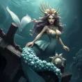 A majestic female siren with intricate seashell jewelry, perched atop a shipwreck in a deep ocean trench, her tail shimmering with the colors of the deep sea