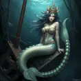 A majestic female siren with intricate seashell jewelry, perched atop a shipwreck in a deep ocean trench, her tail shimmering with the colors of the deep sea