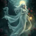 A translucent female ghost, ethereally beautiful, with long flowing silver hair and eyes that glow like moonlight, floating above a misty, overgrown Victorian garden at twilight, with roses and ivy intertwining in the background.