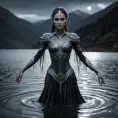 A dramatic portrayal of a female wraith from Elden Ring, emerging from a dark, foreboding lake at twilight, her form shimmering with an icy glow, her eyes reflecting the cold waters, her arms outstretched as if to embrace the encroaching darkness, the scene filled with an ominous silence.