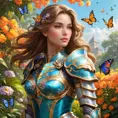 A graceful female paladin, her armor painted with vibrant colors and patterns, standing in a serene garden filled with blooming flowers and fluttering butterflies, a gentle breeze stirring her hair