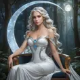 In a mystical forest clearing, Selene, the moon goddess, sits gracefully on a crescent-shaped throne made of moonstone. Her eyes shimmer like the night sky, and her hair cascades like a river of light, reflecting the gentle moonlight that filters through the trees.