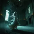 Visualize a female wraith from Elden Ring in a grand, decaying ballroom, her ghostly figure dancing elegantly alone, her movements graceful yet sorrowful, the room bathed in a dim, flickering light from the remnants of a once-grand chandelier, evoking a sense of lost grandeur and melancholy.