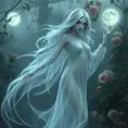 A translucent female ghost, ethereally beautiful, with long flowing silver hair and eyes that glow like moonlight, floating above a misty, overgrown Victorian garden at twilight, with roses and ivy intertwining in the background.