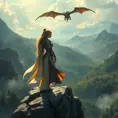 A stunning female paladin, her armor gleaming in the sunlight, standing atop a rocky cliff overlooking a vast, mystical forest, with a majestic dragon flying overhead