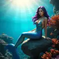 A stunning female siren with iridescent mermaid tail, sitting on a rock amidst a vibrant coral reef, sunlight filtering through turquoise waters creating a magical glow around her