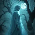 A hauntingly beautiful female wraith from Elden Ring, depicted in a misty, moonlit forest, her translucent form cloaked in ethereal robes that glow with an otherworldly light, her eyes a piercing blue as she gazes into the distance, surrounded by ancient, gnarled trees and a soft, eerie fog.