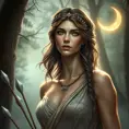 Artemis, the Greek goddess of the hunt, depicted in a serene forest setting, surrounded by silver-tipped arrows and a crescent moon glowing above her, her features sharp and focused, dressed in a chiton adorned with intricate hunting scenes, the air around her filled with a soft, ethereal light.