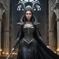 Ker, the goddess of mortality, portrayed in a grand, gothic cathedral, her presence both solemn and majestic, her attire a masterpiece of dark elegance, her scythe resting against her shoulder, her eyes gazing into the infinite abyss of death, the space around her filled with the echoes of countless lives.