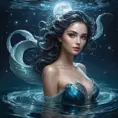 A mysterious female siren with eyes that reflect the starry night sky, floating in a moonlit lagoon, her tail transforming into waves as she interacts with the water