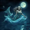 A mysterious female siren with eyes that reflect the starry night sky, floating in a moonlit lagoon, her tail transforming into waves as she interacts with the water