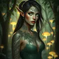 A stunning elf woman with intricate, leaf-patterned tattoos, standing amidst a luminous forest glade, her eyes reflecting the soft glow of bioluminescent fungi.