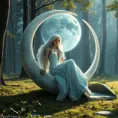 In a mystical forest clearing, Selene, the moon goddess, sits gracefully on a crescent-shaped throne made of moonstone. Her eyes shimmer like the night sky, and her hair cascades like a river of light, reflecting the gentle moonlight that filters through the trees.