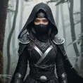 A captivating female ninja concealed within a mist-laden forest, her features partially obscured by a veil of fog, her attire a mix of stealthy dark fabrics and intricate silver detailing, the environment around her both haunting and enchanting