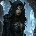 A mysterious dark elf lady, cloaked in shadows and adorned with obsidian jewelry, her eyes piercing and enigmatic, standing in a cavern bathed in the light of a thousand crystals.