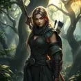 A beautiful female ranger standing amidst a dense, mystical forest, sunlight filtering through the leaves, highlighting her rugged yet elegant attire, her eyes sharp and focused, holding a traditional bow with a quiver of arrows slung over her shoulder, the background filled with ancient trees and a soft mist.