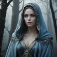 A hauntingly beautiful female wraith from Elden Ring, depicted in a misty, moonlit forest, her translucent form cloaked in ethereal robes that glow with an otherworldly light, her eyes a piercing blue as she gazes into the distance, surrounded by ancient, gnarled trees and a soft, eerie fog.